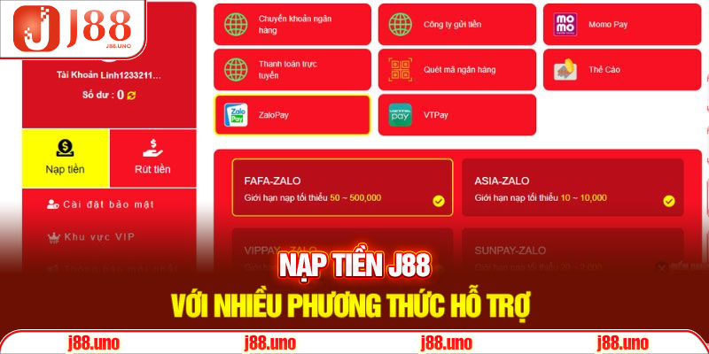 Nạp tiền J88 với nhiều phương thức hỗ trợ